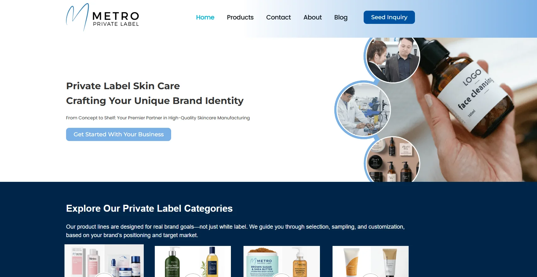 Metro Private Label homepage showcasing private label skincare solutions and categories. Hand holding a face cleansing product.